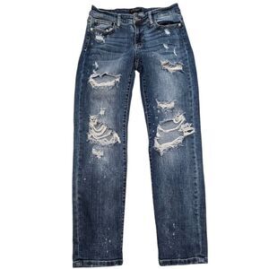 Judy Blue Boyfriend Fit Jeans Women's 7/28 Blue Paint Spatter Distressed Stretch